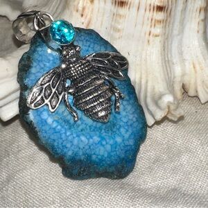 Solar Druzy + Blue Topaz Bee statement Pendant